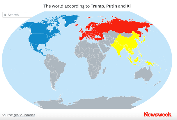 Мапа «поділу» світу між США (синій колір), Росією (червоний) та Китаєм (жовтий) / © Newsweek