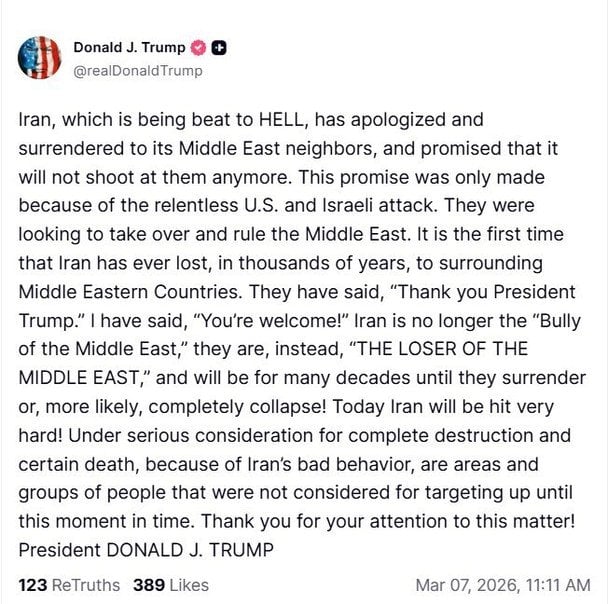 Допис Трампа у Truth Socia.